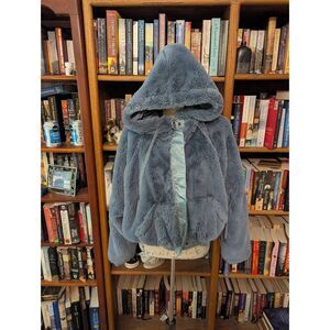 Free People Women's Love It Soft Hoodie Bomber Jacket Blue Grey Large Faux Fur